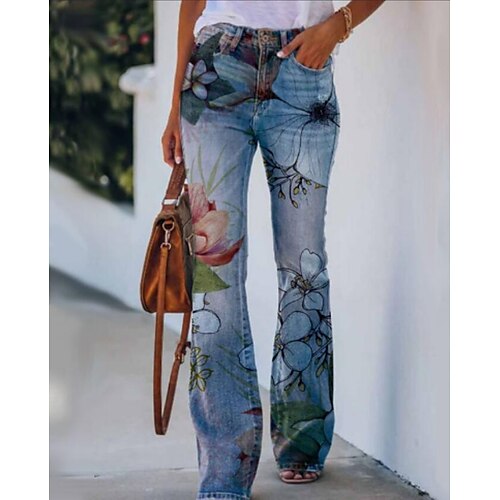 

Women's Pants Trousers Bell Bottom Faux Denim Green Blue Dark Green High Waist Fashion Streetwear Casual / Sporty Casual Daily Print Micro-elastic Full Length Flower / Floral S M L XL XXL / Loose Fit