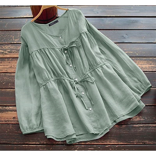 

Women's Plus Size Tops Shirt Plain Drawstring Long Sleeve Crewneck Basic Daily Vacation 100% Cotton Fall Spring Green White / Loose