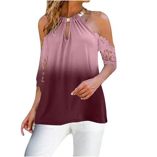 

Women's Casual Weekend T shirt Tee Color Gradient Half Sleeve Lace Cold Shoulder Round Neck Basic Tops Green Black Gray S
