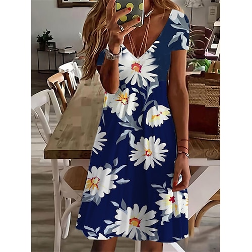 

Women's Casual Dress Blue Short Sleeve Floral Print Spring Summer V Neck 2022 S M L XL XXL 3XL