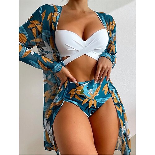 

Women's Swimwear Bikini Three Piece Normal Swimsuit Open Back Printing High Waisted Floral White Black Blue Camisole V Wire Bathing Suits Sexy Vacation Fashion / Modern / New / Padded Bras