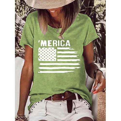 

Women's Casual Weekend Independence Day Painting T shirt Tee Text American Flag Short Sleeve Print Round Neck Basic Tops Green White Black S