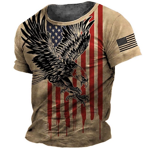 

Men's T shirt Tee Graphic Eagle Crew Neck Khaki 3D Print Outdoor Casual Short Sleeve Print Clothing Apparel Vintage Fashion Designer Big and Tall / Summer / Summer
