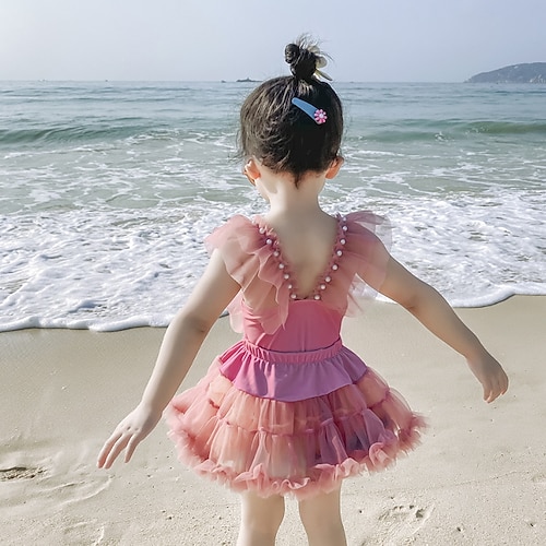 

Kids Girls' One Piece Swimwear Outdoor Solid Colored Active Mesh Bathing Suits 2-8 Years Spring Pink Dusty Rose