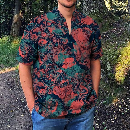 

Men's Shirt Print Floral V Neck Street Casual Print Short Sleeve Tops Casual Fashion Designer Breathable Black
