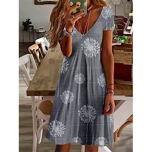 

Femme Robe casual Manche Courte Printemps Eté Fendu Imprimer Floral Col V 2022 Gris S M L XL XXL 3XL