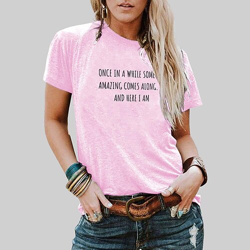

Women's Painting T shirt Text Print Round Neck Basic Tops White Black Gray