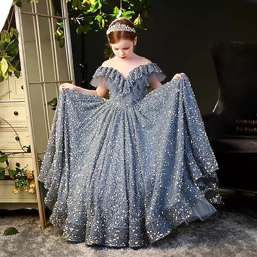 

Kids Girls' Dress Sequin Swing Dress Wedding Special Occasion Sequins Ruched Mesh Dusty Blue Maxi Short Sleeve Princess Cute Dresses