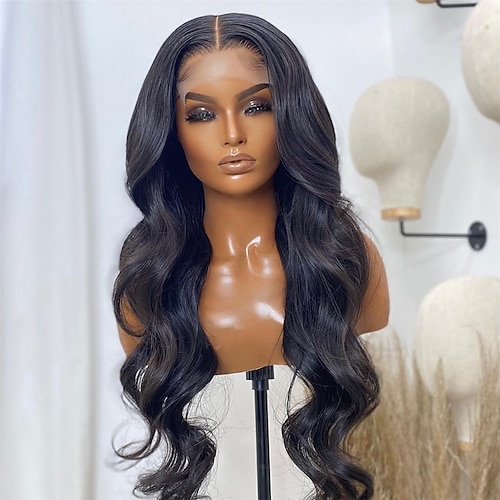 

13 x 2,5 Lace Front Perücken leimlose synthetische Lace Front Perücke schwarz lang gewellt Seitenteil mit hoher Dichte Spitzenperücken Körperwelle Kunsthaarperücke für Frauen