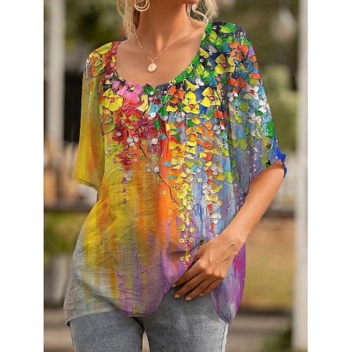 

Women's Floral Flower Art Colorful Printed T-Shirt Casual Crew Neck Short Sleeve Top