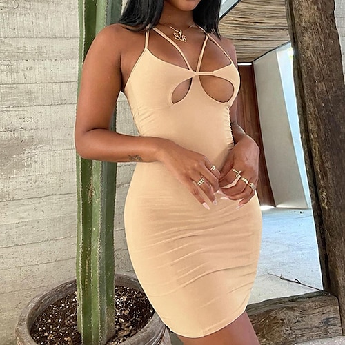 

Women's Bodycon Sheath Dress Mini Dress Black Khaki Sleeveless Pure Color Backless Spring Summer Spaghetti Strap Party 2022 S M L