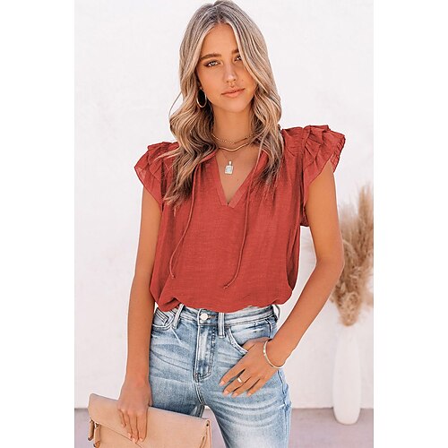 

Women's Daily Weekend Blouse Shirt Plain Short Sleeve Lace up Ruffle V Neck Casual Streetwear Tops Green Blue Gray S