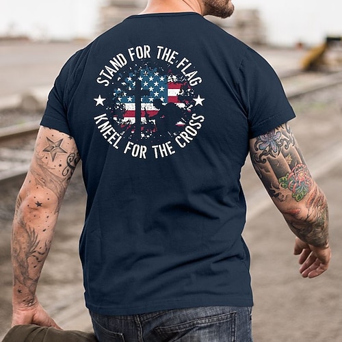 

Men's T shirt Hot Stamping Flag Letter Round Neck Casual Daily Print Short Sleeve Tops Simple Basic Black Blue Gray