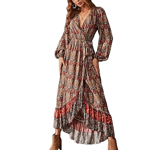 

Mulheres Vestido casual vestido étnico Vestido Swing Vestido Longo Vestido Maxi Marron Manga Longa Floral Fenda Verão Primavera Decote V Boho Roupa de inverno Vestido de outono Ajuste Largo 2023 S M