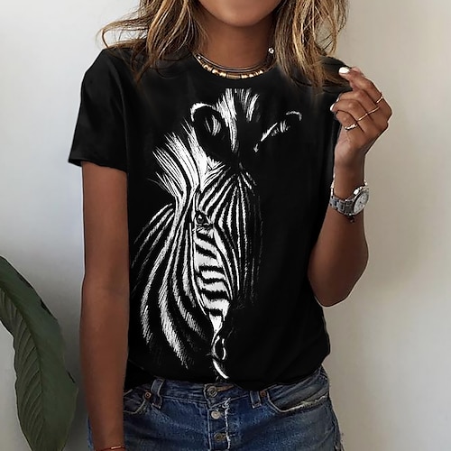 

Women's T shirt Tee Black Zebra Print Short Sleeve Casual Weekend Basic Round Neck Regular Painting S