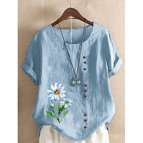 

Women's Blouse Henley Shirt Shirt Floral Print Round Neck Tops Green White Blue