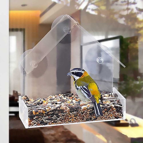 

Window Bird Feeders Strong 3 Suction Cups Hanging Wild Bird Feeder Clear Acrylic Housing Easy to Clean Bird House with Drain Holes Great Gifts Idea