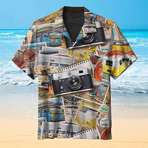 

Men's Shirt Camera Turndown Street Casual 3D Button-Down Short Sleeve Tops Casual Fashion Comfortable Beach Light Brown