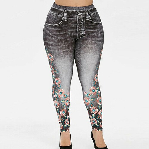 

Women's Fashion Tights Leggings Jeans Print Ankle-Length Pants Casual Weekend Stretchy Flower / Floral Comfort Mid Waist Slim Black Purple Wine S M L XL XXL