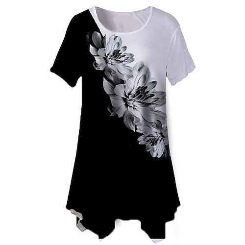 

Women's Plus Size Tops Blouse Shirt Floral Print Short Sleeve Crewneck Streetwear Daily Holiday Cotton Spandex Jersey Spring Summer Black Blue