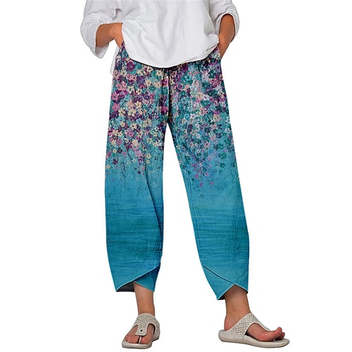 

Women's Harem Pants Trousers Cotton Blend Purple Fuchsia Khaki Mid Waist Chino Casual Drop Crotch Print Micro-elastic Ankle-Length Quick Dry Flower / Floral S M L XL XXL / Loose Fit