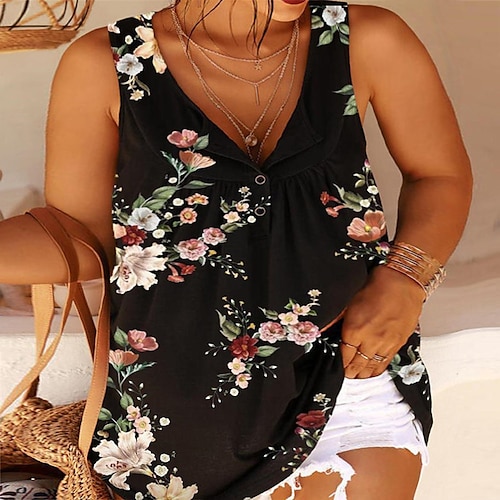 

Women's Plus Size Tops T shirt Tee Floral Tie Dye Button Print Sleeveless One Shoulder Streetwear Daily Back to School Cotton Spring Summer Black Blue / V Neck / V Neck