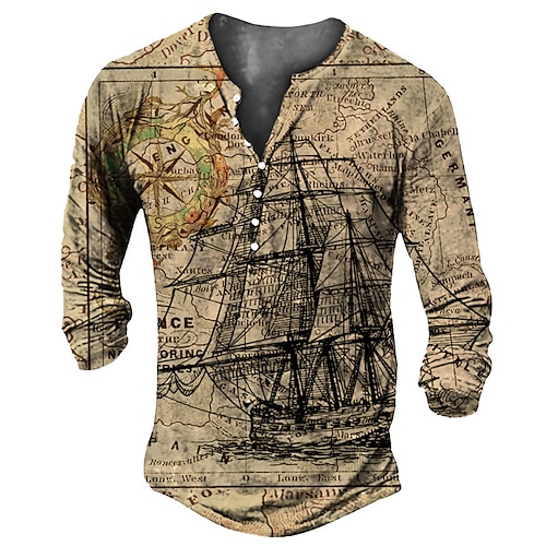 

Men's T shirt Tee Henley Shirt Tee Graphic Map Rudder Henley Khaki 3D Print Plus Size Outdoor Daily Long Sleeve Button-Down Print Clothing Apparel Basic Designer Classic Comfortable / Sports