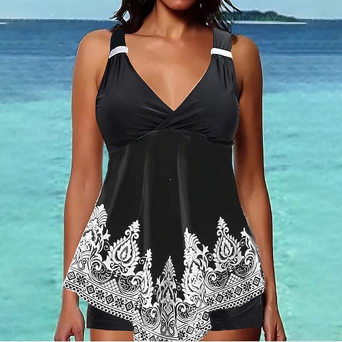 

Women's Swimwear Tankini 2 Piece Normal Swimsuit High Waisted Floral Print Black Padded V Wire Bathing Suits Sports Vacation Sexy / New