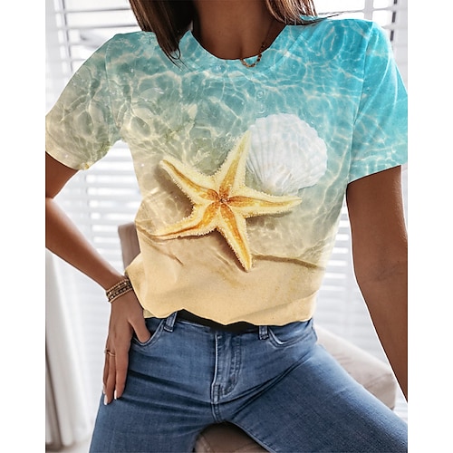 

Women's T shirt Tee Blue Ocean Print Short Sleeve Casual Holiday Basic Holiday Hawaiian Round Neck Regular Painting S / 3D Print