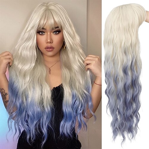 

Womens Blonde to Blue Wig Long Curly Wavy Blonde Blue Wig with Fringe Synthetic Party Cosplay Costume Wigs