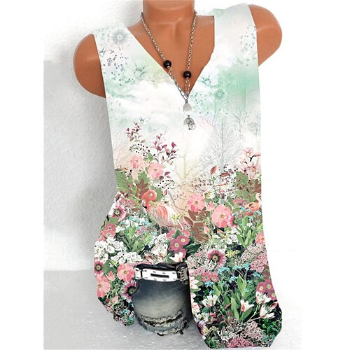 

Women's Tank Top Camis Green Floral Print Sleeveless Daily Holiday Streetwear Casual V Neck Regular Floral S / 3D Print