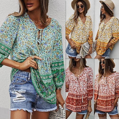 

independent research and development design american station amazon women's bohemian style top 2022 spring and summer printed shirt