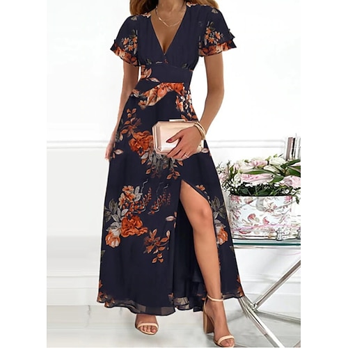 

Women's Long Dress Maxi Dress Navy Blue Short Sleeve Floral Ruched Spring Summer V Neck Modern 2022 S M L XL XXL 3XL