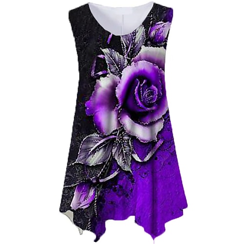 

Women's Plus Size Tops Blouse Shirt Floral Print Sleeveless Crewneck Sexy Streetwear Daily Holiday Cotton Spandex Jersey Spring Summer Green Purple