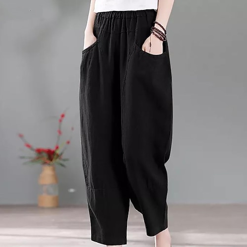 

Women's Plus Size Bloomers Capri shorts Pocket Solid Color Casual Casual Daily Natural Ankle-Length Fall Spring Black Blue khaki L XL XXL 3XL 4XL / Linen / Cotton Blend
