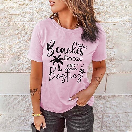 

Women's Casual Weekend Floral Painting T shirt Tee Plants Text Short Sleeve Print Round Neck Basic Tops Green White Black S