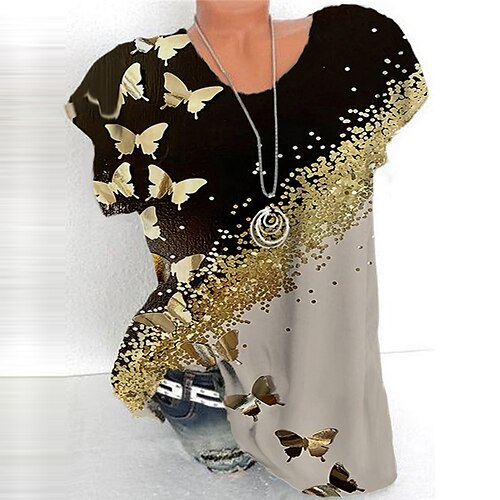 

Women's Plus Size Tops T shirt Tee Butterfly Animal Print Short Sleeve Crewneck Streetwear Daily Sports Cotton Spandex Jersey Spring Summer Black