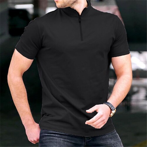 

Men's T shirt Solid Color Stand Collar Street Casual Zipper Short Sleeve Tops Basic Fashion Classic Comfortable Black Pink