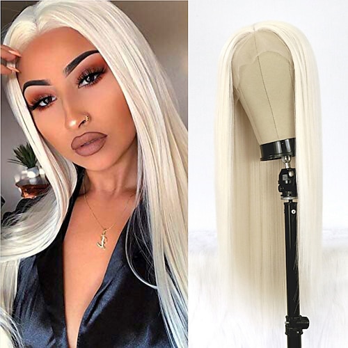 

White Hair Color Synthetic Lace Front Wig Long Straight Hair Wigs Platinum Blonde Heat Resistant Fiber Hair Lace Front Wigs