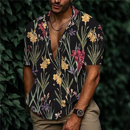 

Men's Shirt Print Floral Turndown Street Casual Button-Down Print Short Sleeve Tops Casual Fashion Designer Breathable Black