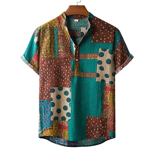 

Men's T shirt Tee Shirt Dress Shirt Casual Shirt Letter Oil Painting Geometry Round Neck Green Short Sleeve Print Casual Daily Print Tops Cotton Tropical Ethnic Style Retro Nostalgic / Summer / Work