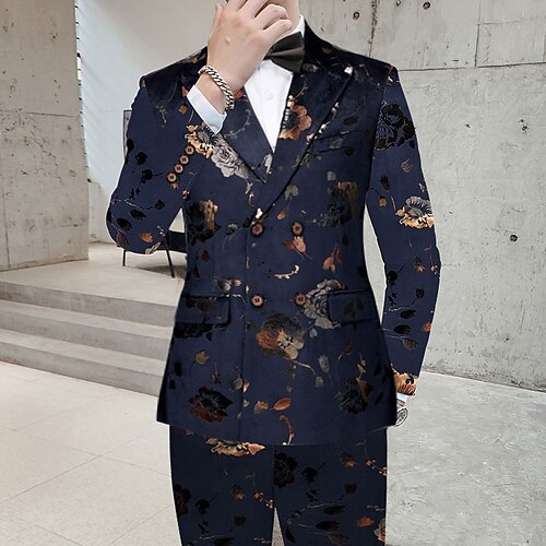 

Black Royal Blue Men's Party / Evening Prom Suits 2 Piece Patterned Standard Fit Single Breasted Two-buttons 2022