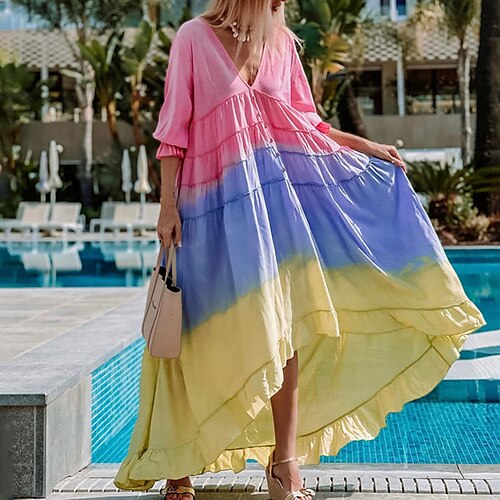 

Women's Casual Dress Swing Dress Sundress Long Dress Maxi Dress Green Purple Pink 3/4 Length Sleeve Color Block Ruffle Winter Fall Autumn V Neck Weekend 2022 S M L XL XXL