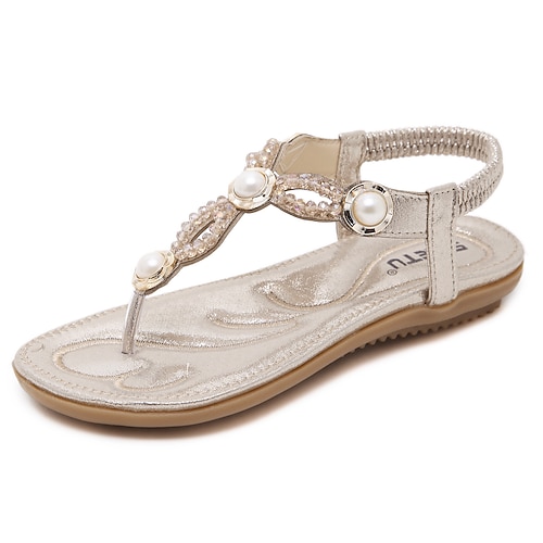 

Women's Sandals Sparkly Sandals Rhinestone Pearl Flat Heel Round Toe Open Toe Elegant Casual Daily Office Walking Shoes PU Leather Elastic Band Spring Summer Solid Colored Black Gold Blue
