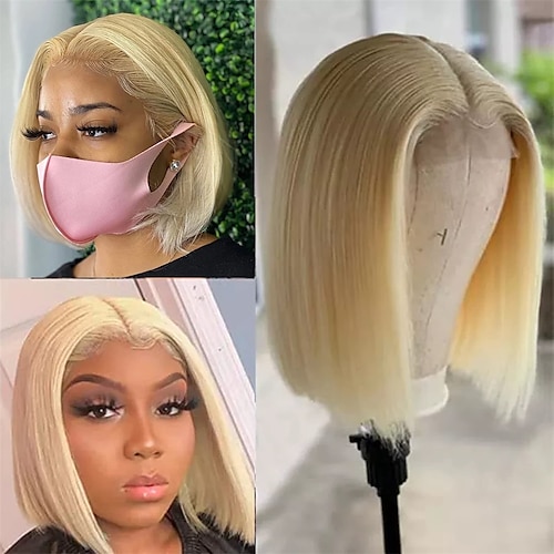 

613 Blonde Bob Lace Front Human Hair Wig for Black Women 8-16 Inch 13x4 Brazilian Virgin Hair Straight 613 Lace Wig Pre Plucked with Baby Hair Bleached Knots Middle Part Colored Bob Wig 150%/180% Density