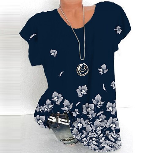 

Women's Plus Size Tops Blouse Shirt Floral Print Short Sleeve Crewneck Streetwear Daily Sports Cotton Spandex Jersey Spring Summer Black Navy Blue