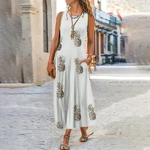 

Women's Shift Dress Maxi long Dress White Blue Sleeveless Floral Print Spring Summer U Neck Casual Vacation 2022 S M L XL XXL 3XL