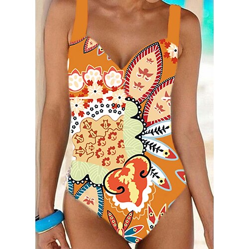 

Women's Swimwear One Piece Monokini Bathing Suits Normal Swimsuit High Waisted Print Floral Print Orange Padded V Wire Bathing Suits Sports Vacation Sexy / Strap / New / Strap