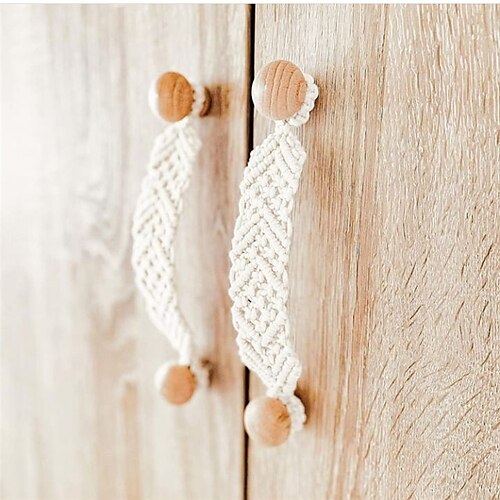 

1pc Hand-woven Door Handle Drawer Wardrobe Handle Beech Solid Wood Cotton Rope Handle
