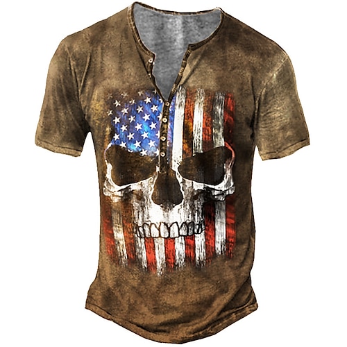 

Men's Henley Shirt Tee T shirt 3D Print Graphic Skull Plus Size Henley Daily Sports Button-Down Print Short Sleeve Tops Basic Casual Designer Big and Tall Brown